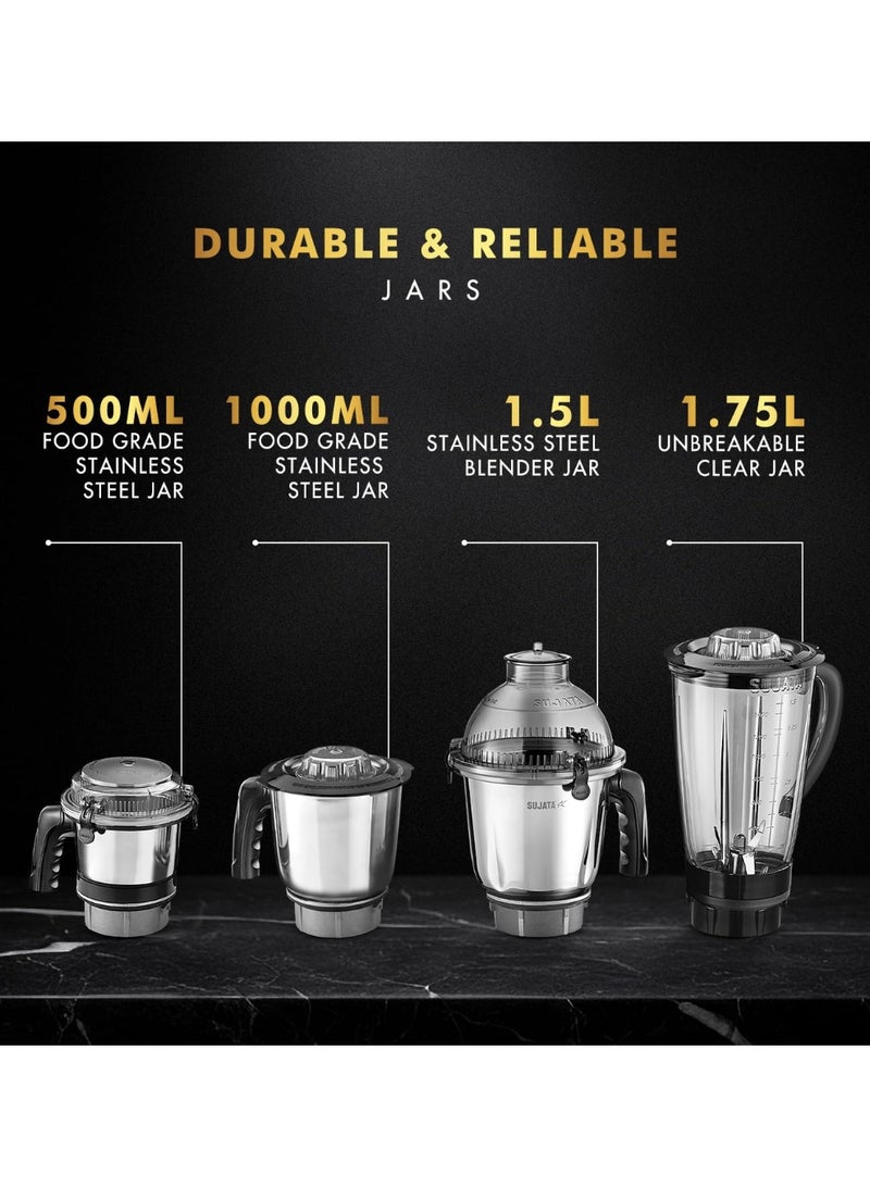 سوجاتا Sujata MG03 Mixer Grinder|1000 Watts Double Ball Bearing Motor|25000 RPM|Non-Stop 90 Mins Running|4 Jars including 1750ml Blender with Coconut Milk Extractor, 1500ml, 1000ml, 500ml Jar| (Black) - Image 5